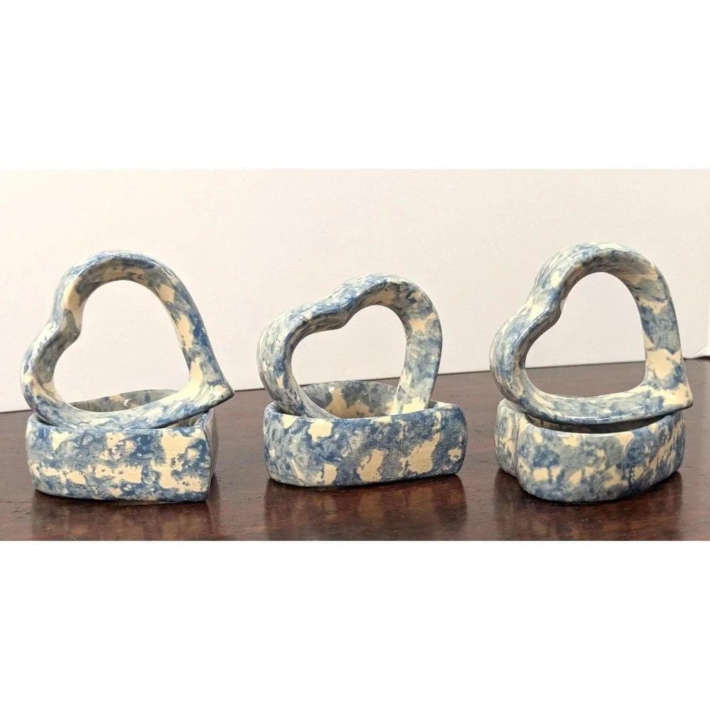 Vintage Blue White Spongeware Ceramic Heart Napkin Rings Set of 6 Country Farm